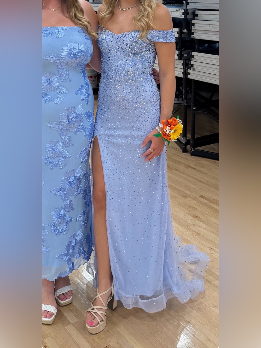 Elegant Light Blue Off-Shoulder Evening Gown with Thigh Slit